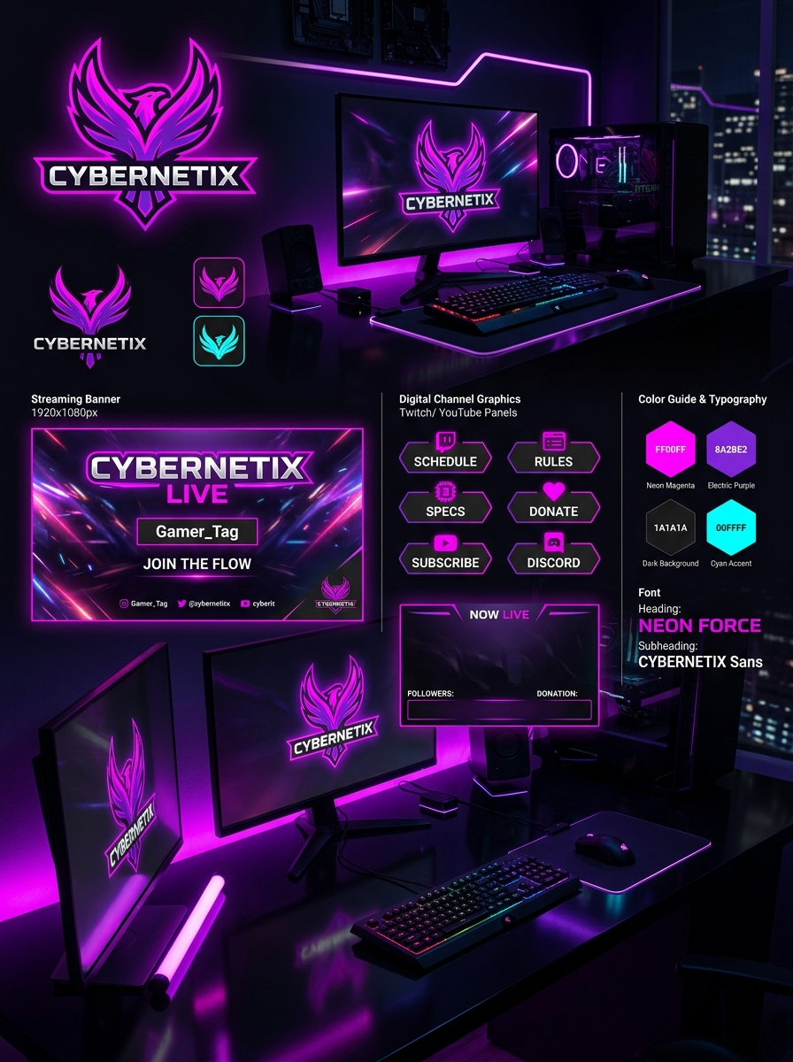 Gaming Brand Starter Pack mockup with logo, colors, and banner layouts